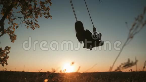 剪影少女在阳光下的树下荡秋千家庭的乐趣视频的预览图