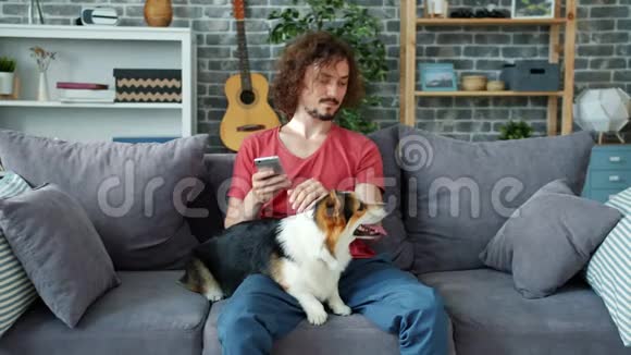 他抚摸着科吉小狗然后用智能手机在家里的沙发上放松视频的预览图