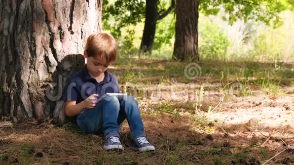 可爱的男孩花时间在平板电脑里玩坐在公园或森林里的一棵树旁技术和发电Z视频的预览图