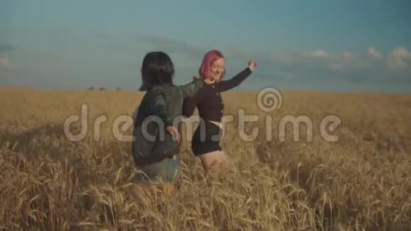 日落时分可爱的女人在麦田里欢乐视频的预览图