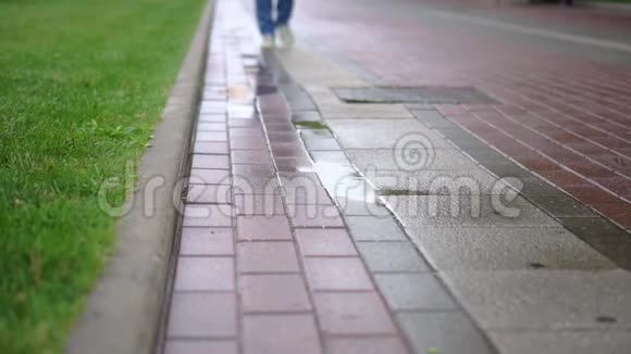 雨中一个人在草坪旁散步视频的预览图