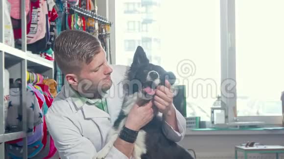 英俊开朗的男兽医对着镜头微笑拥抱可爱的狗视频的预览图
