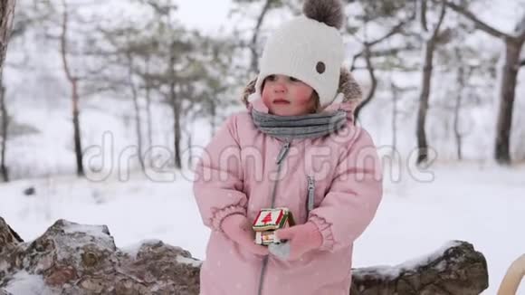 小可爱的女孩站在雪地冬季公园里吃圣诞姜饼可爱的宝宝穿着温暖的粉红色时尚视频的预览图