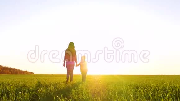 幸福家庭日落时一对母子在阳光的照射下走过一片绿色的田野小男孩指出视频的预览图
