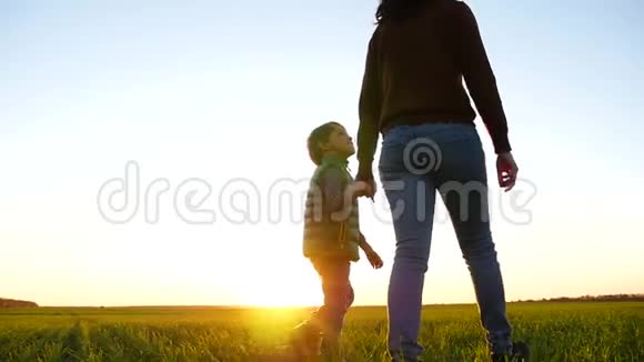 小男孩微笑着看着他妈妈母亲和孩子在夕阳下穿过一片绿色的草地视频的预览图