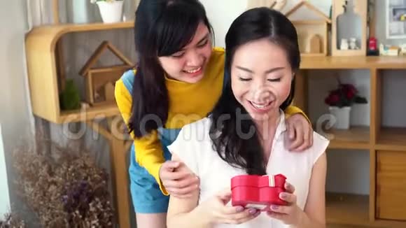 微笑着快乐的亚洲少女和亚洲中年母亲拥抱在家里的室内客厅视频的预览图