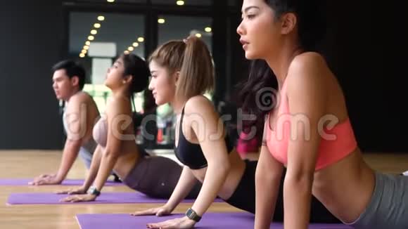 一群亚洲健身人士在瑜伽馆做瑜伽向上面对狗姿然后向下面对狗垫视频的预览图