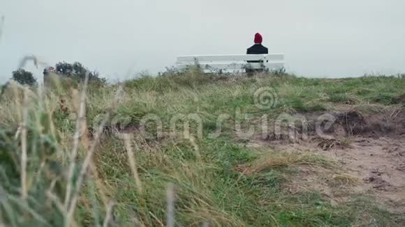 坐在国家公园长凳上的人的后景草地前台视频的预览图