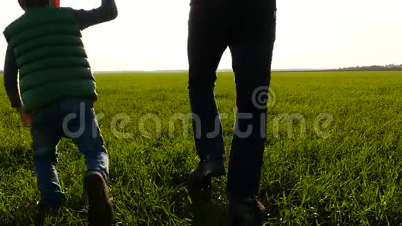 父子俩跑过一片绿色的草地牵着手想象着飞机的飞行快乐的剪影视频的预览图