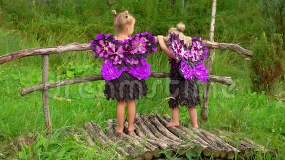 有蝴蝶翅膀的女孩站在木桥上视频的预览图
