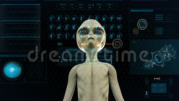 外星人按下科幻全息屏幕上的键现实的运动背景4K视频的预览图