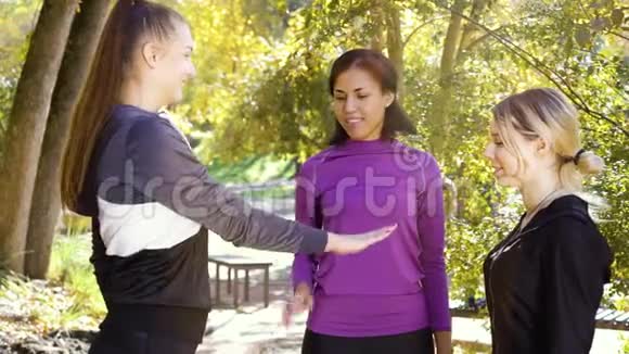 一队运动女孩在公园里拼手视频的预览图