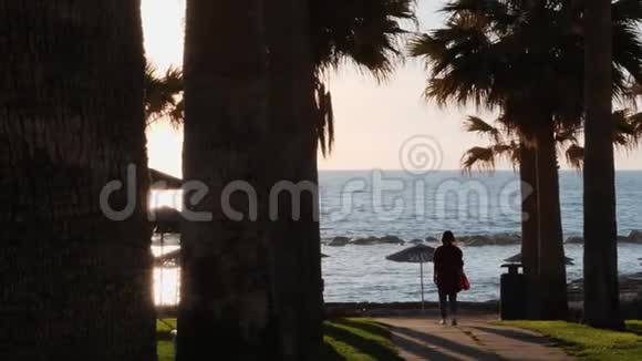 年轻的白种人女孩走在棕榈树环绕的长廊上穿着休闲装的漂亮女人在海滩上散步女孩走路视频的预览图