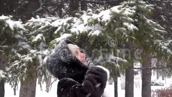 快乐的年轻女子玩雪覆盖的枞树枝和快乐视频的预览图