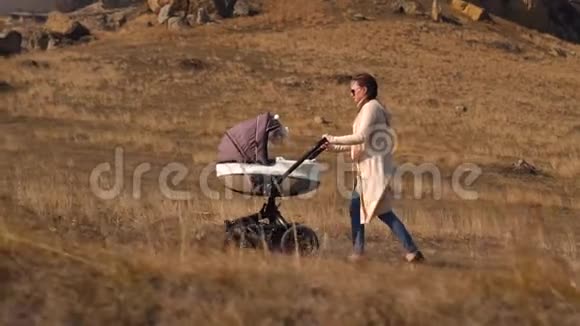 在大自然的秋天年轻的母亲把婴儿车推过田野视频的预览图