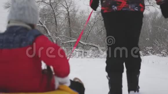 爸爸妈妈和一个孩子在冬天的森林里雪橇父母在圣诞公园里扮演一个小女儿家庭游戏视频的预览图