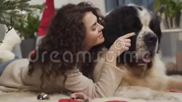 在圣诞树旁边柔软的地毯上与莫斯科看门狗躺在一起的白人女性微笑的近景视频的预览图