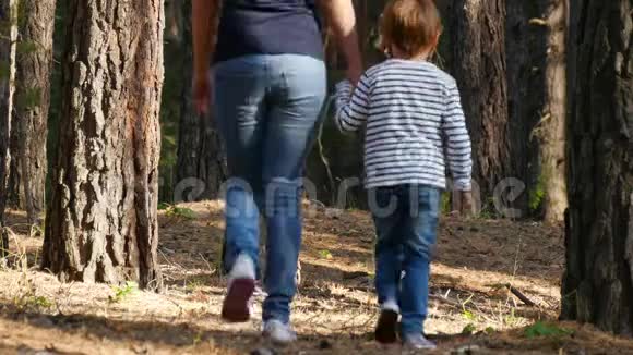 幸福的一家人在树林里散步享受大自然母亲牵着儿子手生活方式视频的预览图
