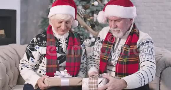 成熟的白种人男人拥抱和亲吻女人的脸颊幸福的老夫妇看着相机微笑退休人员视频的预览图