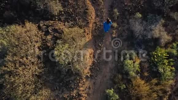 俯瞰穿着漂亮蓝色连衣裙的女人穿过自然保护区西班牙加那利群岛特内里费视频的预览图