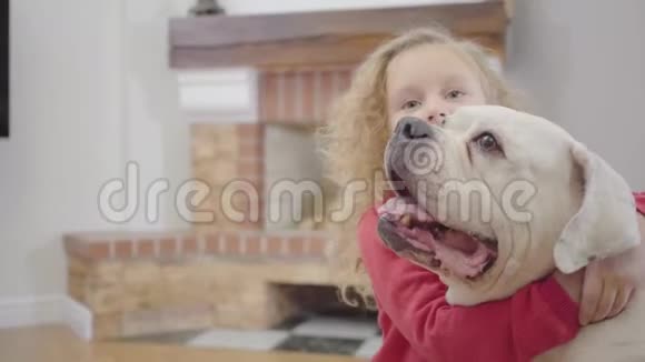 可爱的白种人女孩的特写肖像金发卷发拥抱她的宠物在家里儿童休息斗牛犬视频的预览图