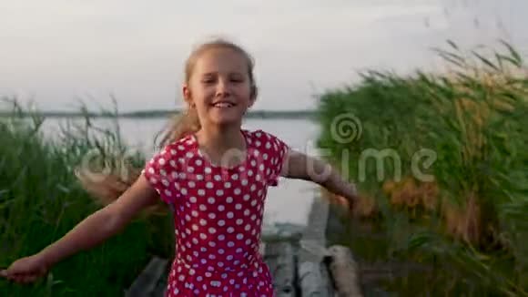 快乐的小女孩从湖边的木板上穿过绿草视频的预览图