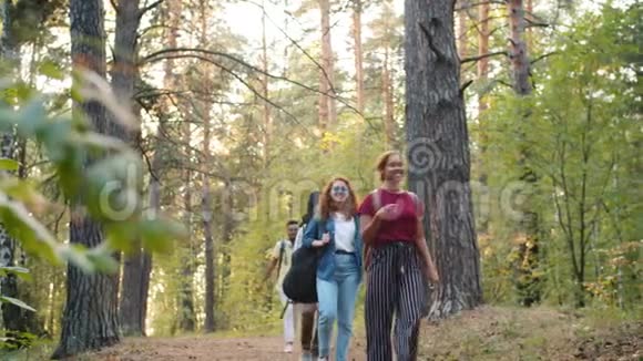 多种族学生在森林中漫步微笑放松视频的预览图