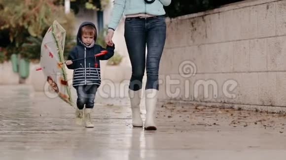妈妈和儿子正穿着橡胶靴和雨伞在雨中行走视频的预览图
