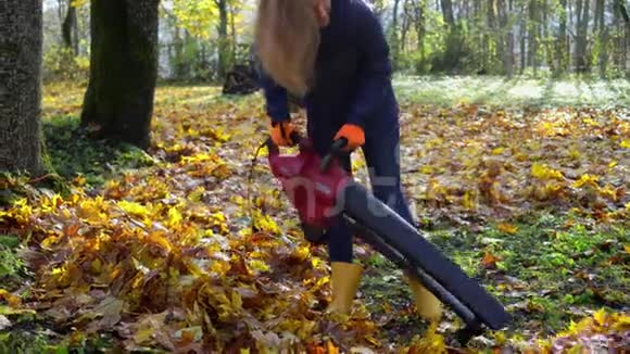 在客户花园院子里吹叶的专业园丁妇女视频的预览图