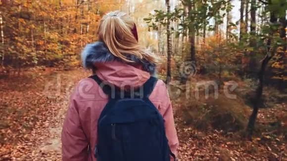 在秋天的森林小径上走着背着蓝色背包和紫丁香徒步旅行夹克的女人的后景特写视频的预览图