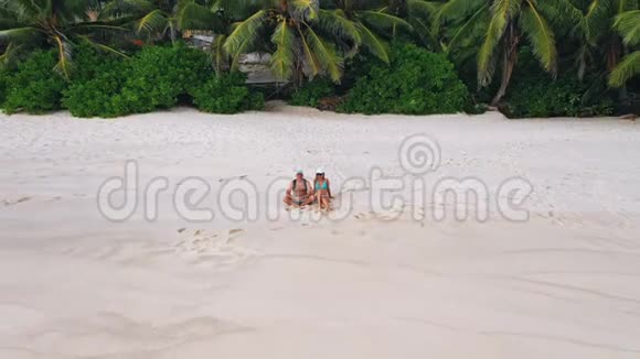 塞舌尔热带岛屿豪华度假塞舌尔马河沙滩上有棕榈树的快乐成年夫妇视频的预览图