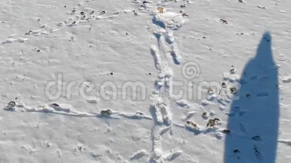 在一个冬天阳光明媚的日子里跟着穿着牛仔裤和温暖鞋子的男人在雪地里散步从上面可以看到空中景色视频的预览图