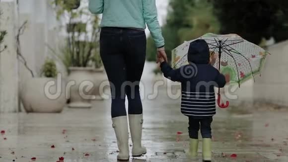妈妈和儿子正穿着橡胶靴和雨伞在雨中行走视频的预览图