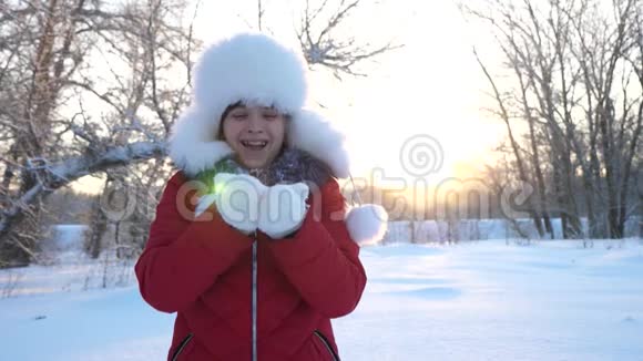幸福的家庭观念女孩在日落时吹雪花在冬天的公园里微笑女孩用手吹雪花视频的预览图