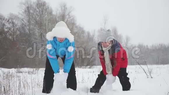 快乐童年理念一家人在冬季公园玩圣诞假期母女俩大雪纷飞妈妈和视频的预览图