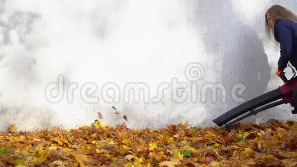 女人用电动吹叶器在家附近吹秋叶视频的预览图