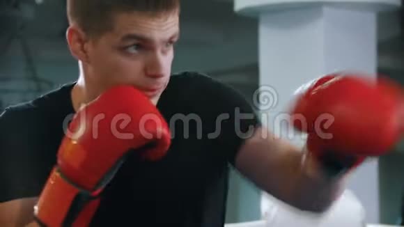 穿黑色T恤的拳击手在拳击场上戴着阴影视频的预览图
