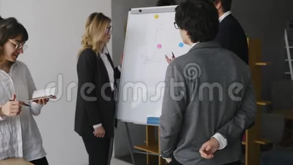 商务人士在会议上用白板讨论战略视频的预览图