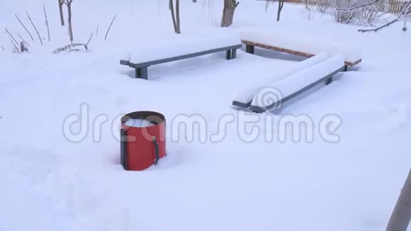 带雪的垃圾在雪地里蹲着下雪的冬天视频的预览图