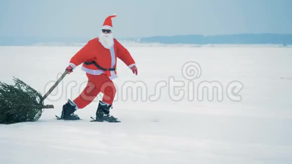 穿着圣诞老人服装的人一边滑雪一边拉着圣诞树视频的预览图