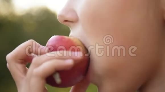 女孩在花园里吃有机苹果收获概念关门视频的预览图