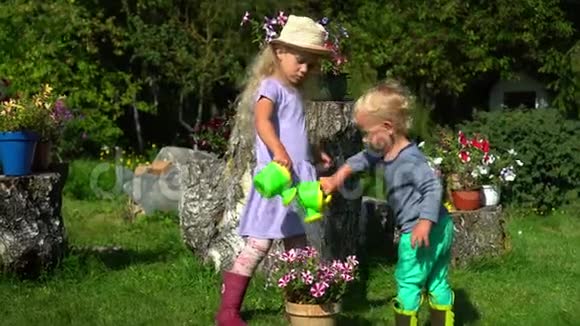 小帮手男孩和女孩在花园里用小水缸浇花视频的预览图