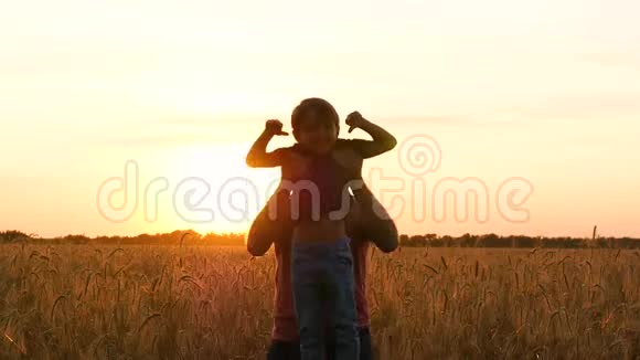 一个快乐的父亲在日落时和一个孩子在麦田里玩耍爸爸把他儿子扔了上去喜悦快乐乐趣的情感视频的预览图