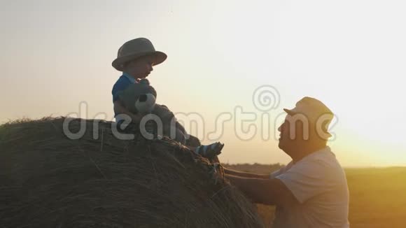 爷爷和他的小孙子在日落时在干草堆上视频的预览图