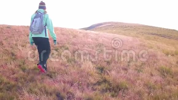 女人在科恰班巴玻利维亚安第斯山脉的草地上散步视频的预览图