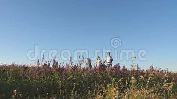 游客的团队合作旅行者带着背包穿过草地有子女的游客家庭视频的预览图