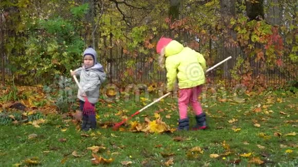 两个小孩在院子里耙树叶兄弟姐妹帮助父母视频的预览图