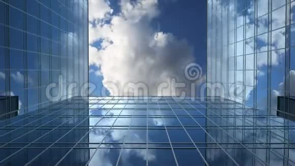 飞机苍蝇在对办公大楼的反射与时间推移云背景3D动画4k超视频的预览图