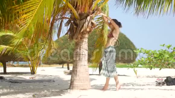 美丽的女人在棕榈树附近的岸边女孩在阳光下晒太阳享受其余的视频的预览图