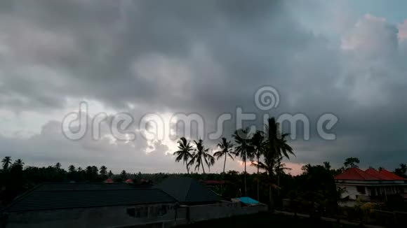 漆黑的热带黄昏暴风雨般的剪影棕榈树和云彩视频的预览图